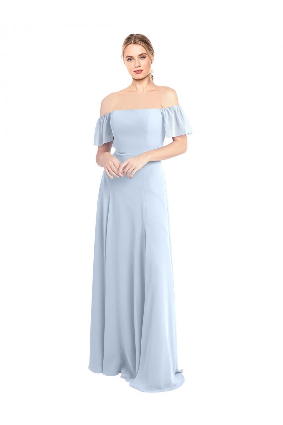 Acheter Bleu ciel clair Trapèze Épaule Dénudée Col Carré Mousseline Longue Robes demoiselle d'honneur