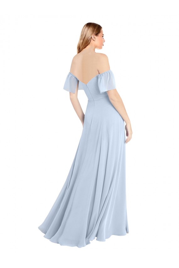 Acheter Bleu ciel clair Trapèze Épaule Dénudée Col Carré Mousseline Longue Robes demoiselle d'honneur