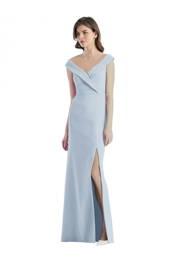 Acheter Bleu ciel clair Trapèze Épaule Dénudée Col V Crêpe Stretch Longue Robes demoiselle d'honneur