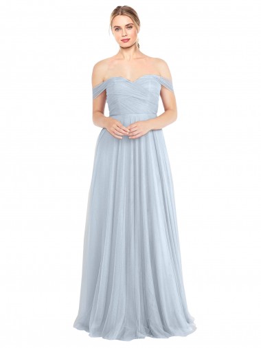 Acheter Bleu ciel clair Trapèze Épaule Dénudée Tulle Longue Robes demoiselle d'honneur