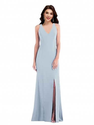 Acheter Bleu ciel clair Trompette Col V Crêpe Stretch Longue Robes demoiselle d'honneur / Robes de bal