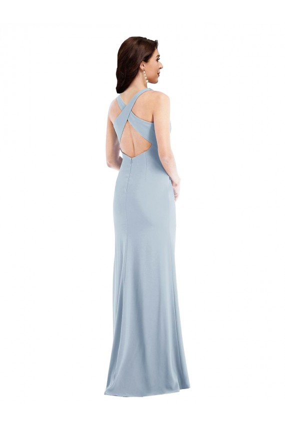 Acheter Bleu ciel clair Trompette Col V Crêpe Stretch Longue Robes demoiselle d'honneur / Robes de bal