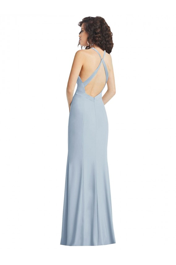Acheter Bleu ciel clair Trompette Licou Col Haut Crêpe Stretch Longue Formelles Robes demoiselle d'honneur / Robes de soirée / Robes de bal