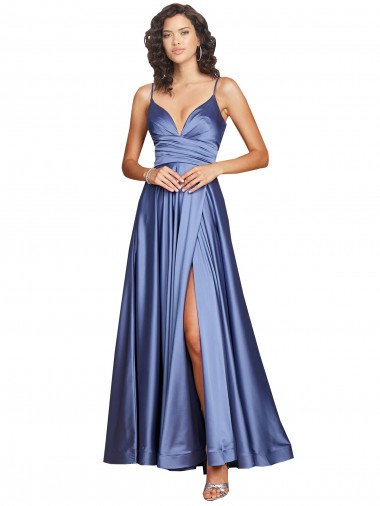 Acheter Bleu français Trapèze Bretelles spaghetti Satiné Soyeux Longue Formelles Robes demoiselle d'honneur / Robes de soirée / Robes de bal
