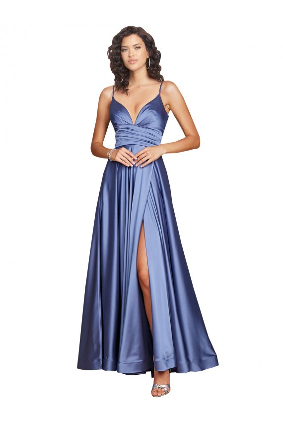 Acheter Bleu français Trapèze Bretelles spaghetti Satiné Soyeux Longue Formelles Robes demoiselle d'honneur / Robes de soirée / Robes de bal