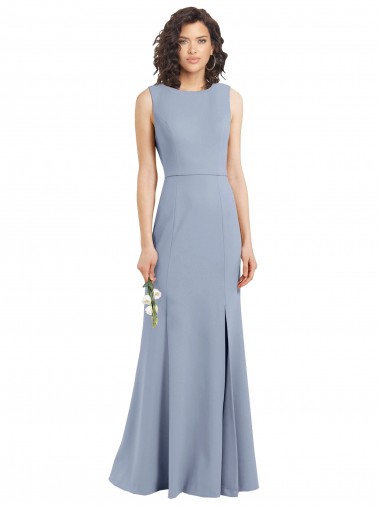 Acheter Bleu fumée Fourreau Col Bateau Col Haut Crêpe Stretch Longue Robes demoiselle d'honneur