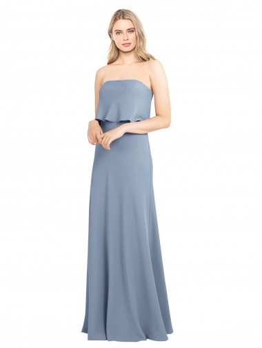 Acheter Bleu fumée Fourreau Col Haut Crêpe Stretch Longue Formelles Robes demoiselle d'honneur / Robes de soirée / Robes de bal