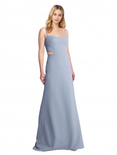 Acheter Bleu fumée Trapèze Bretelles spaghetti Scoop Crêpe Stretch Longue Robes demoiselle d'honneur / Robes de bal