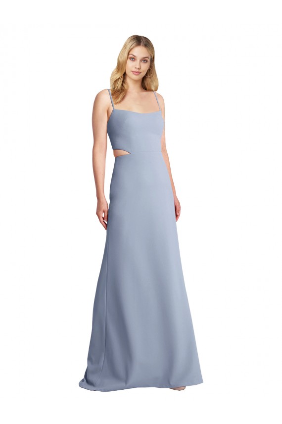 Acheter Bleu fumée Trapèze Bretelles spaghetti Scoop Crêpe Stretch Longue Robes demoiselle d'honneur / Robes de bal