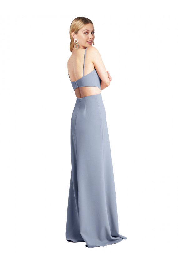 Acheter Bleu fumée Trapèze Bretelles spaghetti Scoop Crêpe Stretch Longue Robes demoiselle d'honneur / Robes de bal