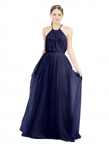 Acheter Bleu marine 21 Trapèze Licou Col Haut Tulle Longue Robes demoiselle d'honneur