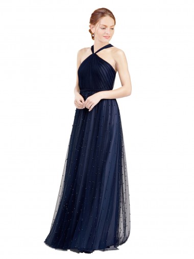Acheter Bleu marine 21 Trapèze Licou Tulle Longue Robes demoiselle d'honneur