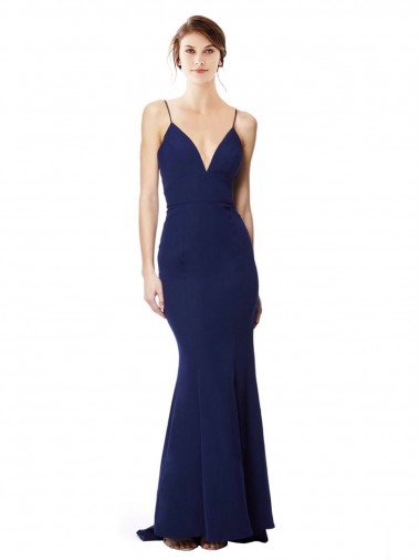 Acheter Bleu marine Sirène Bretelles spaghetti Col V Crêpe Stretch Longue Formelles Robes demoiselle d'honneur / Robes de soirée / Robes de bal