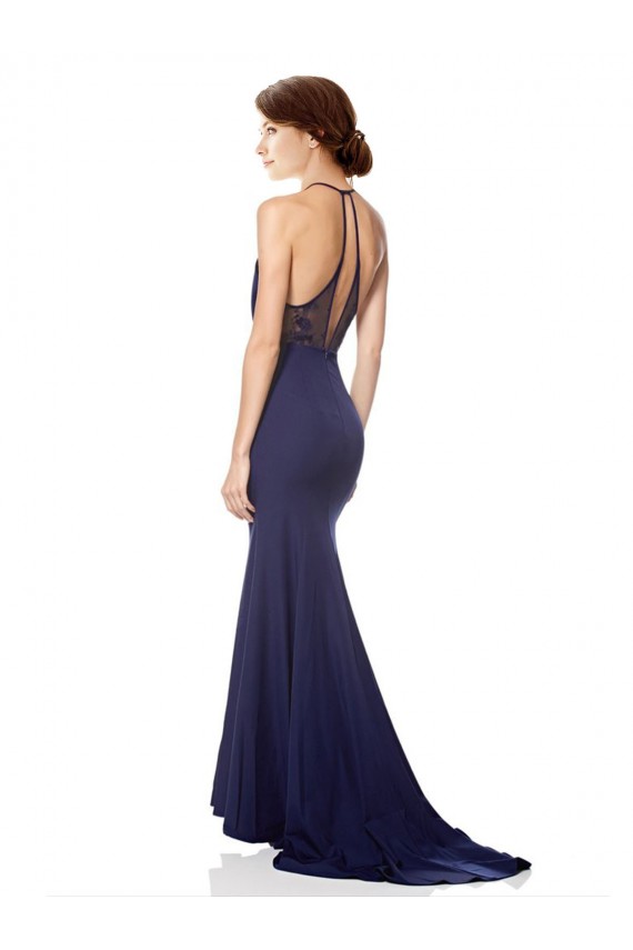 Acheter Bleu marine Sirène Licou Col Haut Crêpe Stretch Longue Formelles Robes demoiselle d'honneur / Robes de soirée / Robes de bal