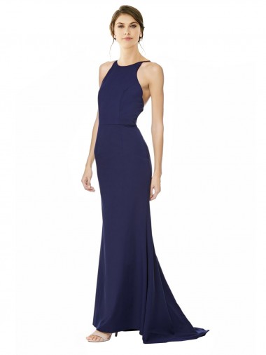 Acheter Bleu marine Sirène Licou Col Haut Crêpe Stretch Longue Formelles Robes demoiselle d'honneur / Robes de soirée / Robes de bal