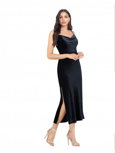 Acheter Bleu marine foncé Colonne midi Velours Stretch Courte Robes demoiselle d'honneur / Robes de soirée / Robes de cocktail