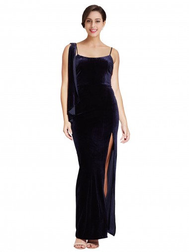 Acheter Bleu marine foncé Fourreau Bretelles spaghetti Col Carré Velours Stretch Longue Formelles Robes demoiselle d'honneur / Robes de soirée / Robes de bal