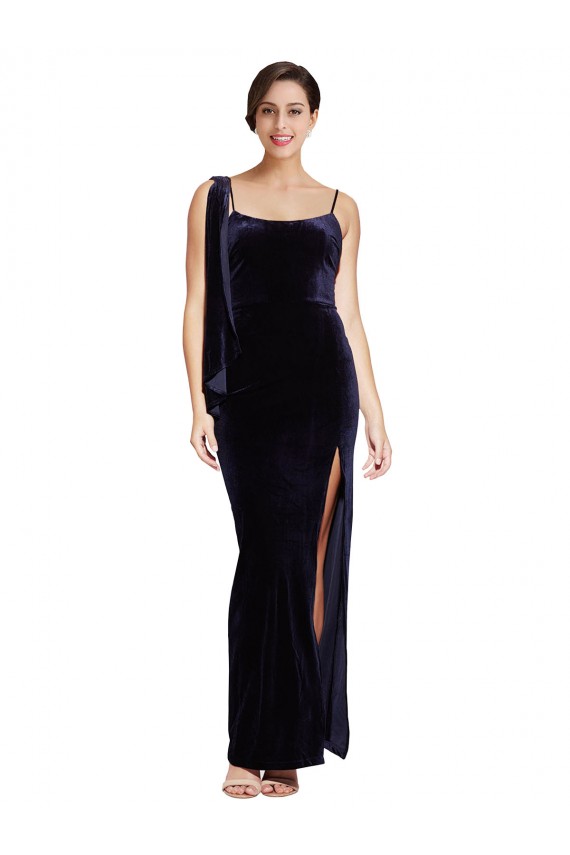 Acheter Bleu marine foncé Fourreau Bretelles spaghetti Col Carré Velours Stretch Longue Formelles Robes demoiselle d'honneur / Robes de soirée / Robes de bal