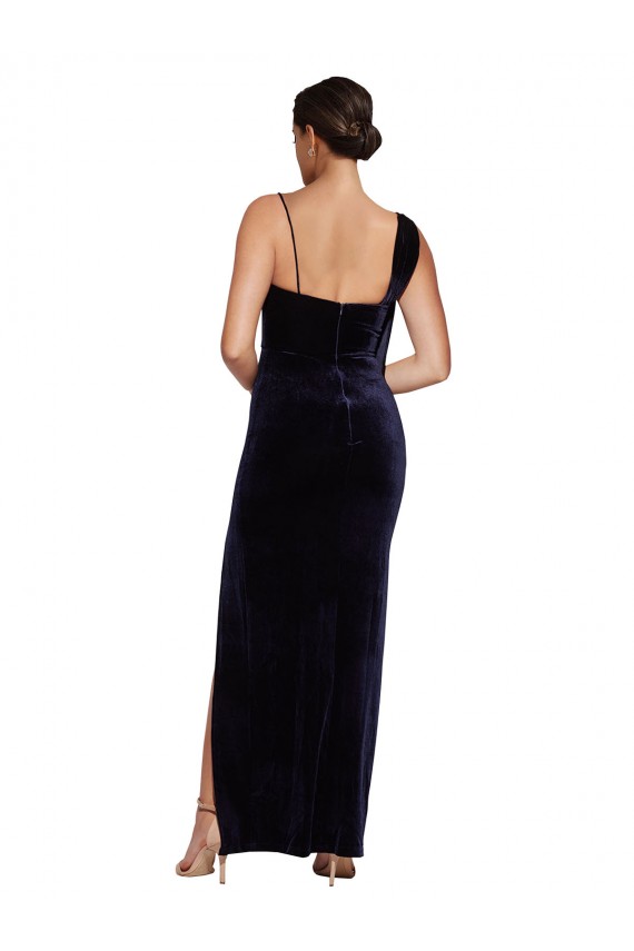 Acheter Bleu marine foncé Fourreau Bretelles spaghetti Col Carré Velours Stretch Longue Formelles Robes demoiselle d'honneur / Robes de soirée / Robes de bal