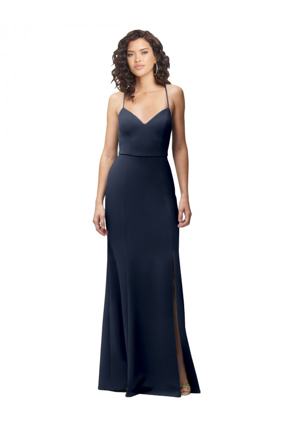 Acheter Bleu marine foncé Fourreau Bretelles spaghetti Crêpe Stretch Longue Formelles Robes demoiselle d'honneur / Robes de soirée / Robes de bal