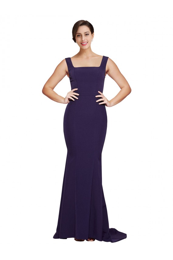Acheter Bleu marine foncé Fourreau Col Carré Balayage train Crêpe Stretch Longue Robes demoiselle d'honneur / Robes de bal