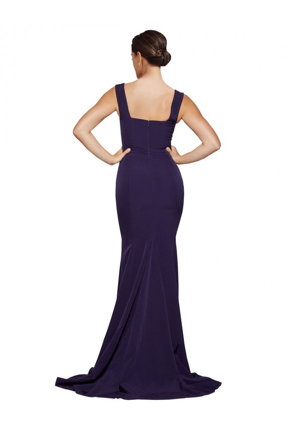 Acheter Bleu marine foncé Fourreau Col Carré Balayage train Crêpe Stretch Longue Robes demoiselle d'honneur / Robes de bal