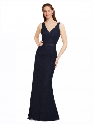 Acheter Bleu marine foncé Fourreau Col V Dentelle Longue Robes demoiselle d'honneur