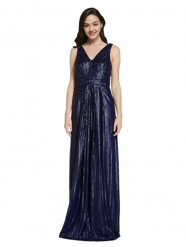 Acheter Bleu marine foncé Fourreau Col V Paillette Longue Formelles Robes demoiselle d'honneur / Robes de soirée / Robes de bal