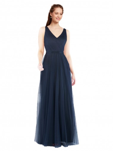 Acheter Bleu marine foncé Fourreau Col V Tulle Longue Robes demoiselle d'honneur