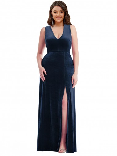 Acheter Bleu marine foncé Fourreau Col V Velours Stretch Longue Formelles Robes demoiselle d'honneur / Robes de soirée / Robes de bal