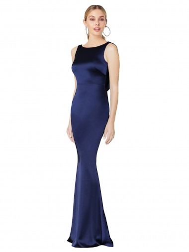 Acheter Bleu marine foncé Fourreau Licou Col Haut Satiné Stretch Longue Formelles Robes demoiselle d'honneur / Robes de soirée / Robes de bal
