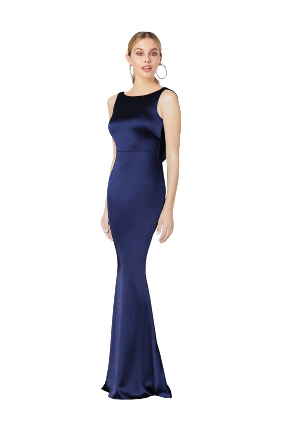 Acheter Bleu marine foncé Fourreau Licou Col Haut Satiné Stretch Longue Formelles Robes demoiselle d'honneur / Robes de soirée / Robes de bal