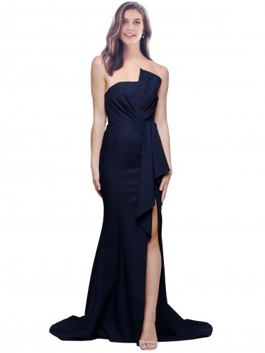 Acheter Bleu marine foncé Fourreau Sans bretelle Balayage train Crêpe Stretch Longue Robes demoiselle d'honneur / Robes de bal