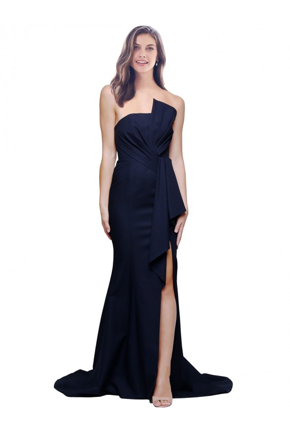 Acheter Bleu marine foncé Fourreau Sans bretelle Balayage train Crêpe Stretch Longue Robes demoiselle d'honneur / Robes de bal