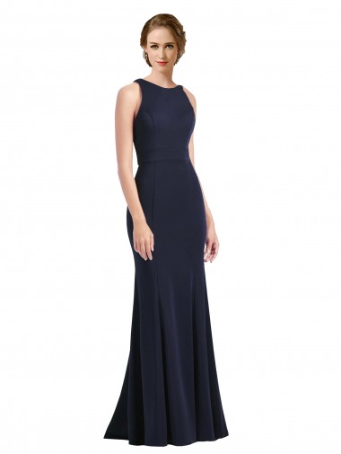 Acheter Bleu marine foncé Fourreau Scoop Col Haut Crêpe Stretch Longue Robes demoiselle d'honneur / Robes de bal