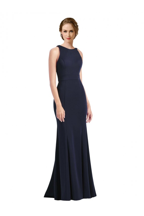 Acheter Bleu marine foncé Fourreau Scoop Col Haut Crêpe Stretch Longue Robes demoiselle d'honneur / Robes de bal