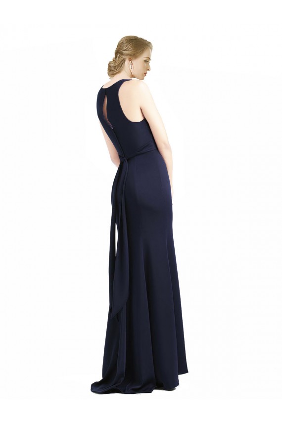 Acheter Bleu marine foncé Fourreau Scoop Col Haut Crêpe Stretch Longue Robes demoiselle d'honneur / Robes de bal