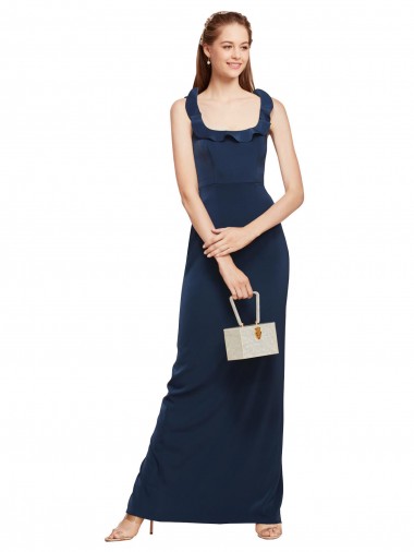 Acheter Bleu marine foncé Fourreau Scoop Crêpe Stretch Longue Formelles Robes demoiselle d'honneur / Robes de soirée / Robes de bal