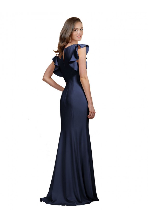 Acheter Bleu marine foncé Sirène Bateau Crêpe Stretch Longue Robes demoiselle d'honneur / Robes de bal