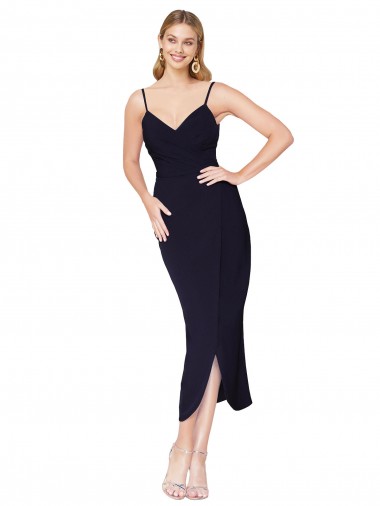 Acheter Bleu marine foncé Sirène Bretelles spaghetti Crêpe Stretch Courte Asymétrique Robes demoiselle d'honneur / Robes de soirée / Robes de cocktail