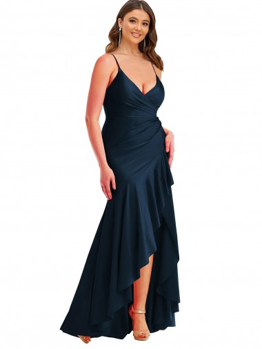Acheter Bleu marine foncé Sirène Bretelles spaghetti Satiné Soyeux Longue Asymétrique Formelles Robes demoiselle d'honneur / Robes de soirée / Robes de bal