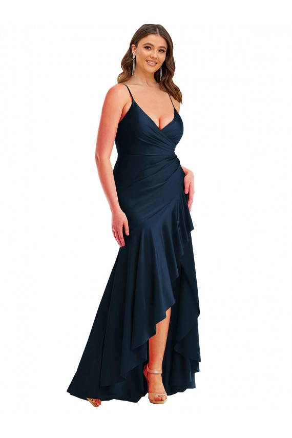 Acheter Bleu marine foncé Sirène Bretelles spaghetti Satiné Soyeux Longue Asymétrique Formelles Robes demoiselle d'honneur / Robes de soirée / Robes de bal