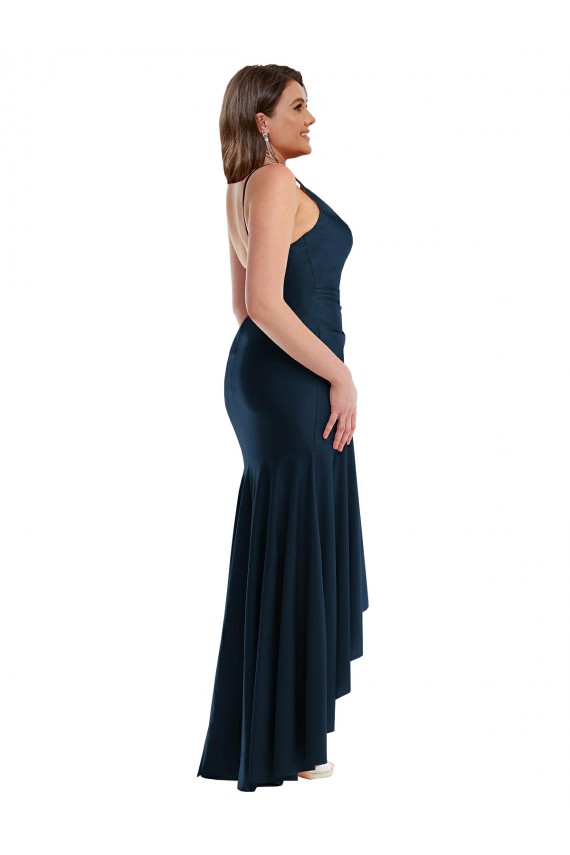 Acheter Bleu marine foncé Sirène Bretelles spaghetti Satiné Soyeux Longue Asymétrique Formelles Robes demoiselle d'honneur / Robes de soirée / Robes de bal