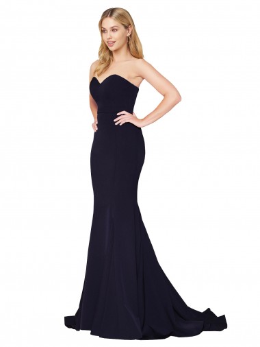 Acheter Bleu marine foncé Sirène Col Haut Balayage train Crêpe Stretch Longue Formelles Robes demoiselle d'honneur / Robes de soirée / Robes de bal