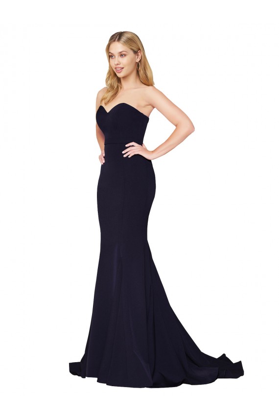 Acheter Bleu marine foncé Sirène Col Haut Balayage train Crêpe Stretch Longue Formelles Robes demoiselle d'honneur / Robes de soirée / Robes de bal