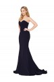 Acheter Bleu marine foncé Sirène Col Haut Balayage train Crêpe Stretch Longue Formelles Robes demoiselle d'honneur / Robes de soirée / Robes de bal