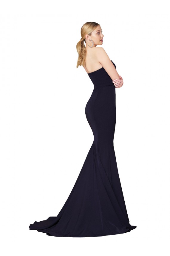 Acheter Bleu marine foncé Sirène Col Haut Balayage train Crêpe Stretch Longue Formelles Robes demoiselle d'honneur / Robes de soirée / Robes de bal