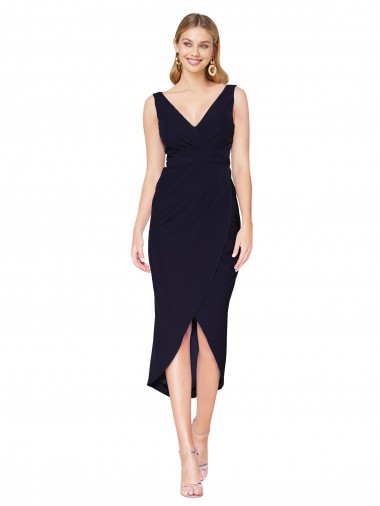 Acheter Bleu marine foncé Sirène Col V Crêpe Stretch Courte Asymétrique Robes demoiselle d'honneur / Robes de soirée / Robes de cocktail