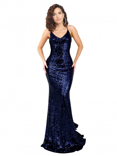 Acheter Bleu marine foncé Sirène Col V Paillette Longue Formelles Robes demoiselle d'honneur / Robes de soirée / Robes de bal