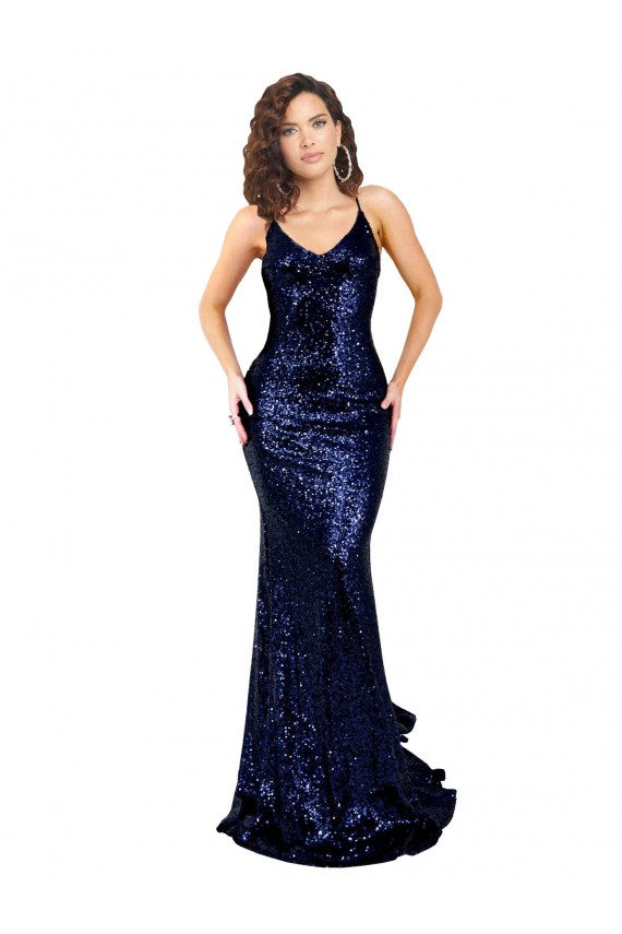 Acheter Bleu marine foncé Sirène Col V Paillette Longue Formelles Robes demoiselle d'honneur / Robes de soirée / Robes de bal